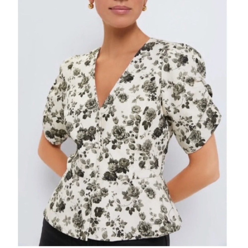 Tuckernuck Faded Roses Lisle Floral Peplum Blouse Puff Sleeve XXS Cottagecore